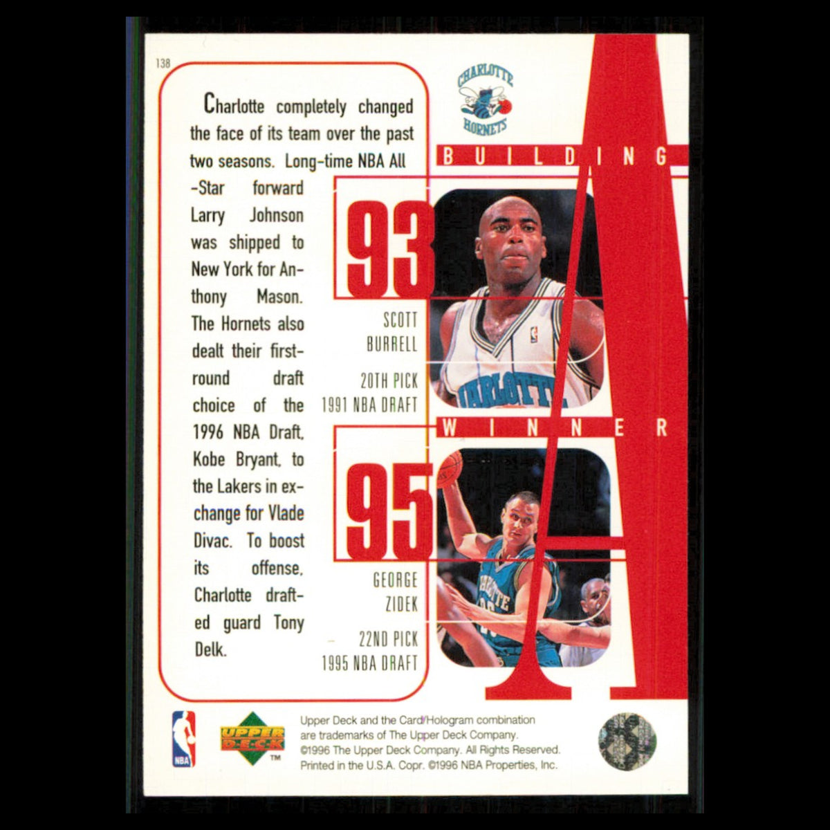 Glen Rice/Matt Geiger/Vlade Divac/Scott Burrell/George Zidek #138 1996 Hornets