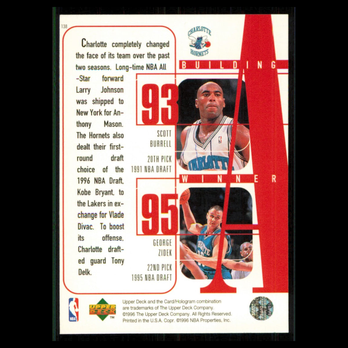 Glen Rice/Matt Geiger/Vlade Divac/Scott Burrell/George Zidek #138 1996 Hornets