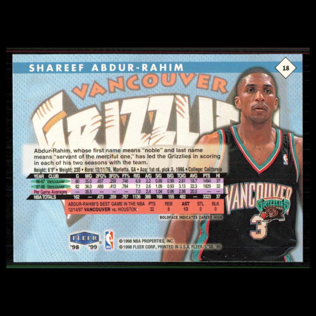 Shareef Abdur-Rahim #18 1998 Fleer Tradition Vancouver Grizzlies Basketball Card