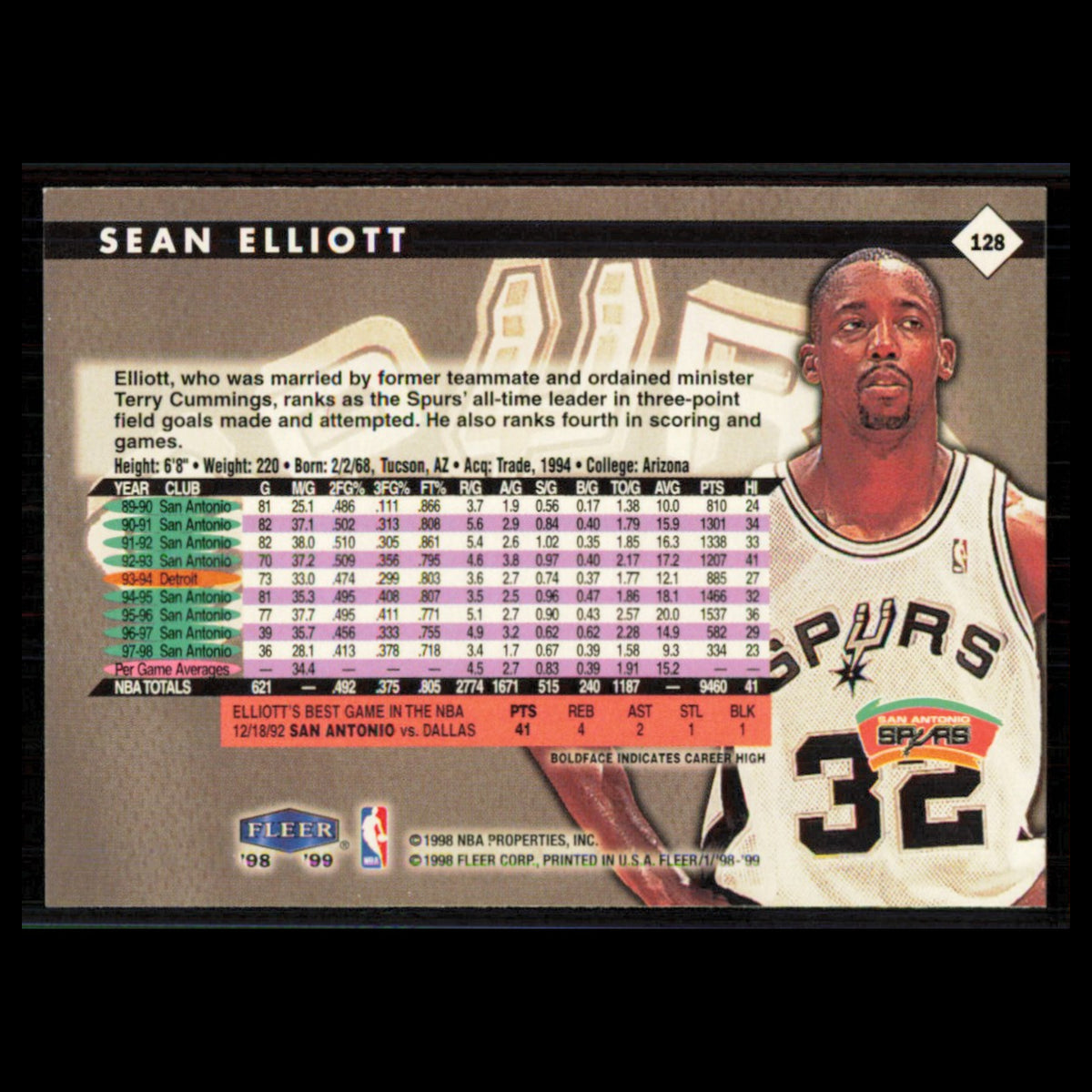 Sean Elliott #128 1998 Fleer Tradition San Antonio Spurs Basketball Card NBA NM