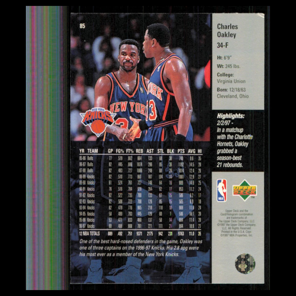 Charles Oakley #85 1997 Upper Deck New York Knicks Basketball Card NBA NM