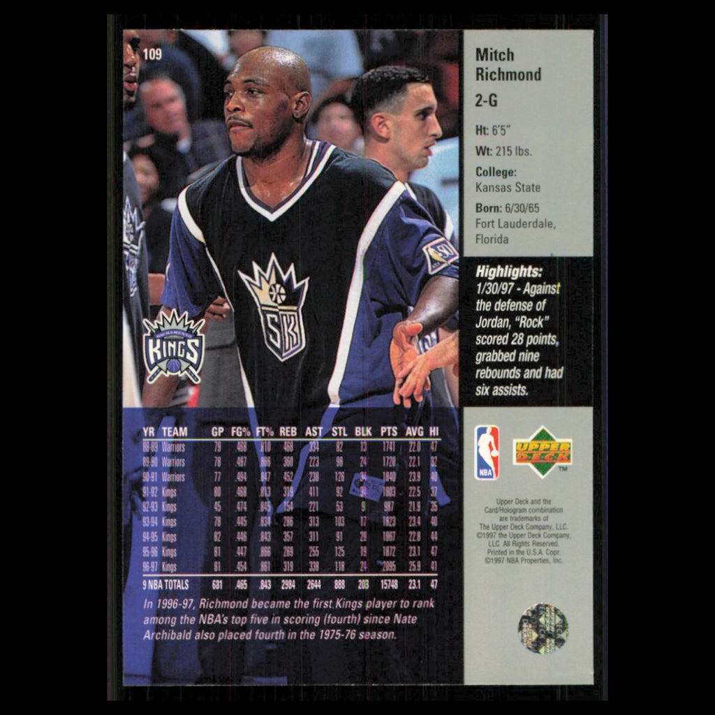 Mitch Richmond #109 1997 Upper Deck Sacramento Kings Basketball Card NBA NM