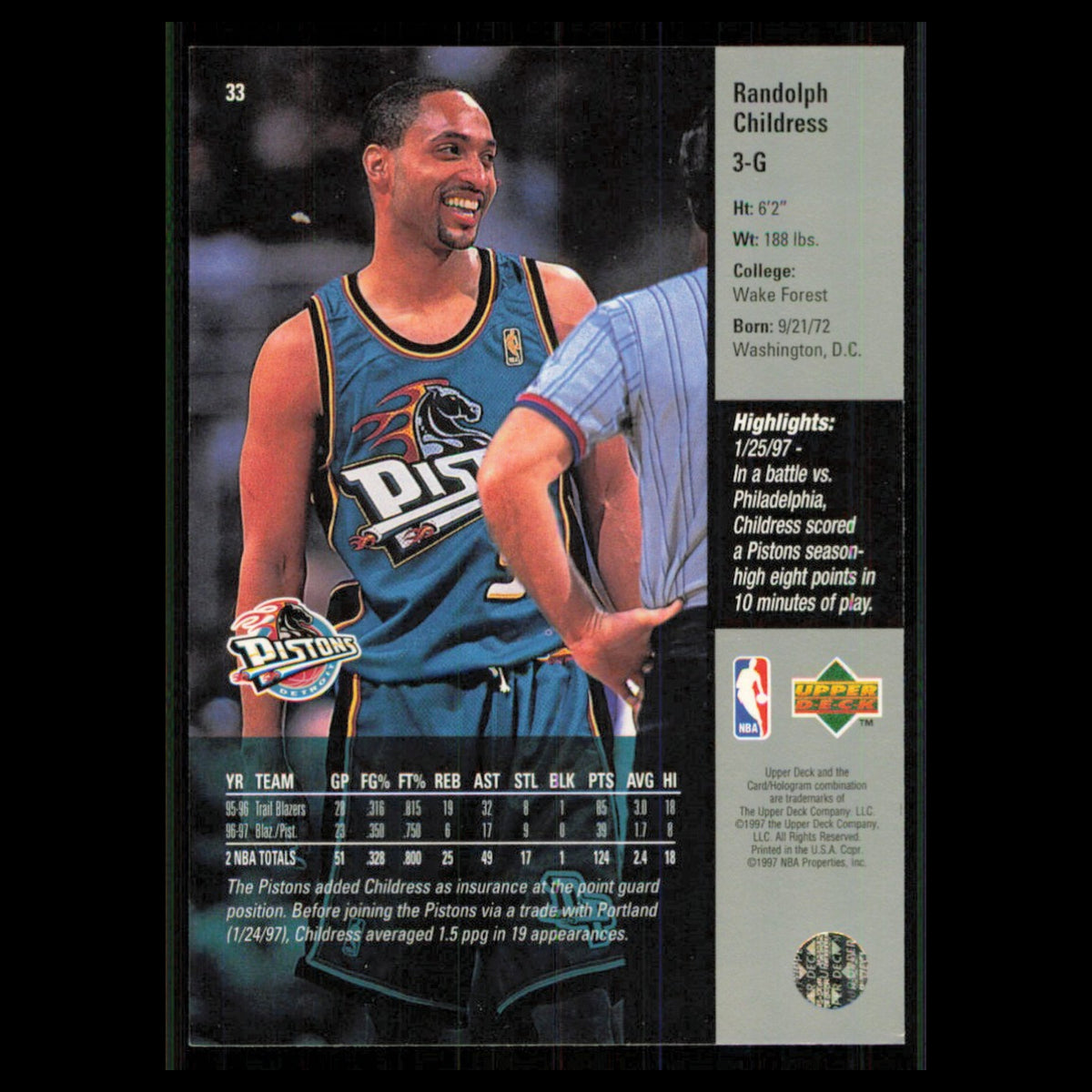 Randolph Childress #33 1997 Upper Deck Detroit Pistons Basketball Card NBA NM
