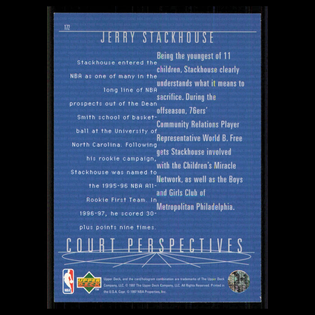 Jerry Stackhouse #172 1997 Upper Deck Philadelphia 76ers Basketball Card NBA NM