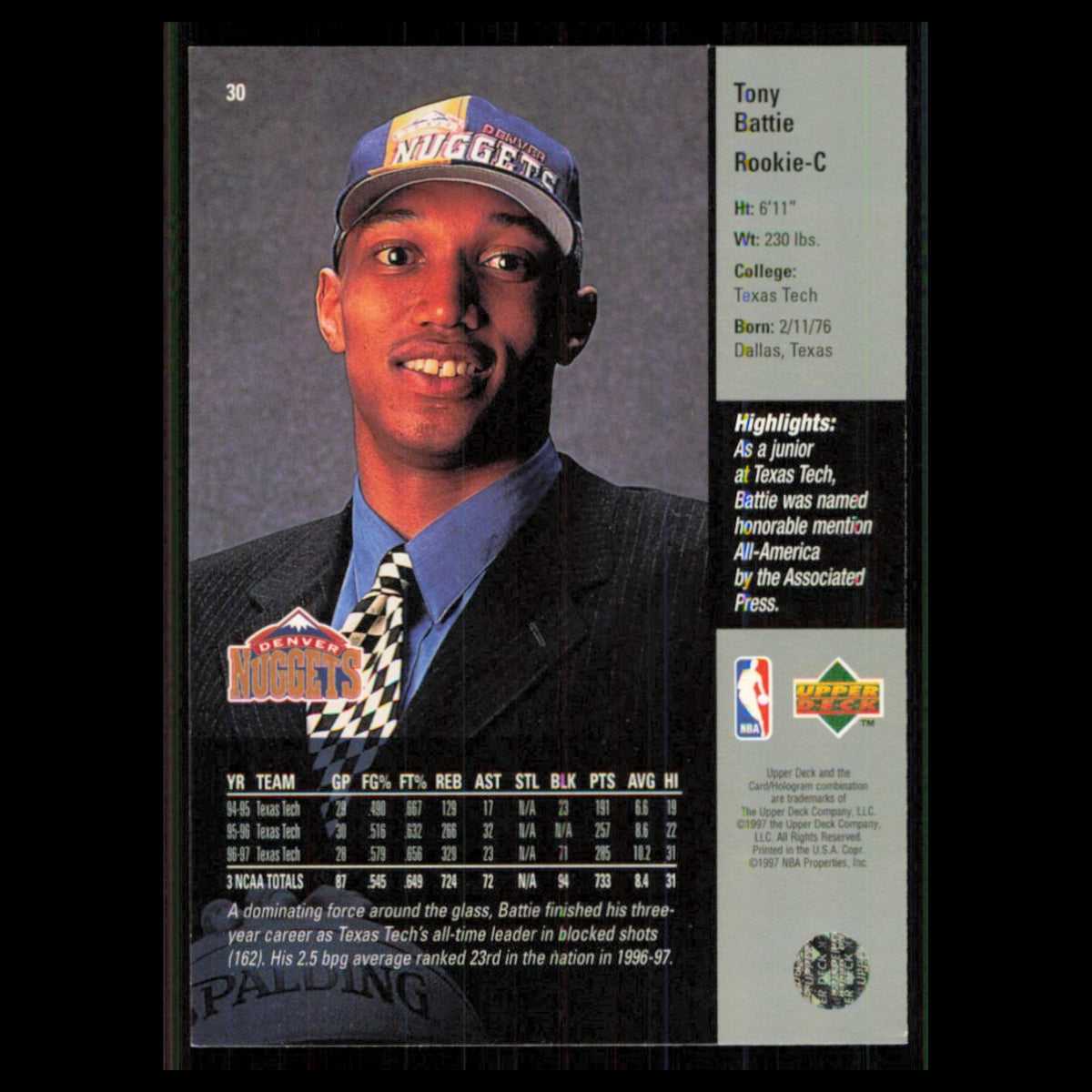 Tony Battie Rookie #30 1997 Upper Deck Denver Nuggets Basketball Card NBA NM