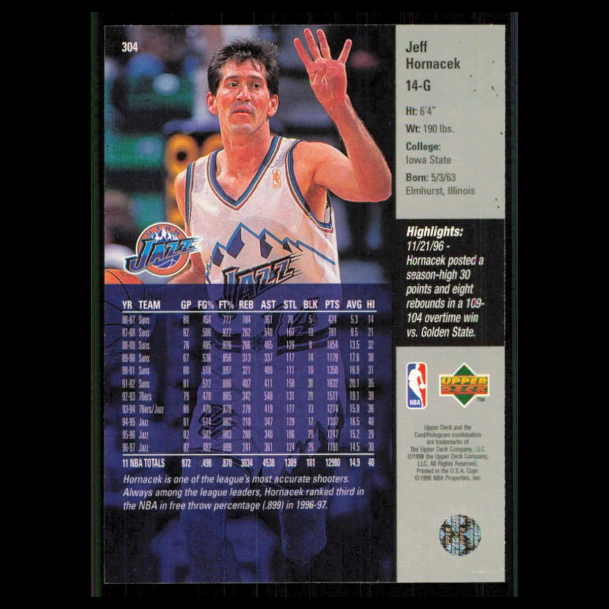 Jeff Hornacek #304 1997 Upper Deck Utah Jazz Basketball Card NBA NM