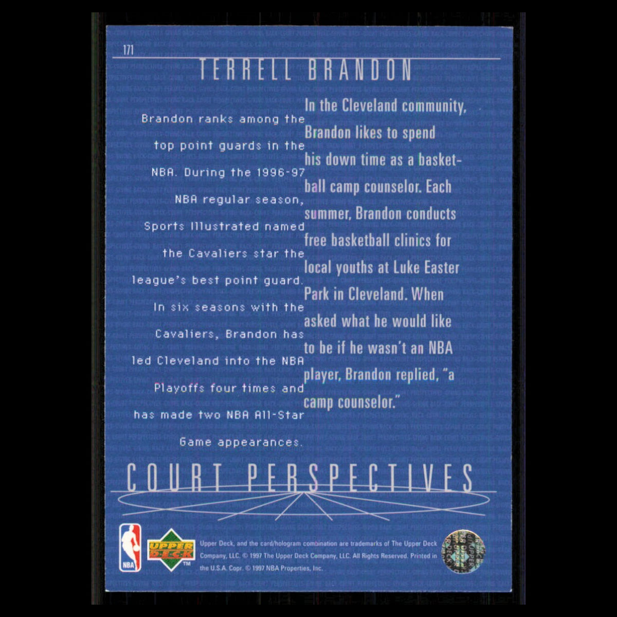 Terrell Brandon #171 1997 Upper Deck Cleveland Cavaliers Basketball Card NBA NM