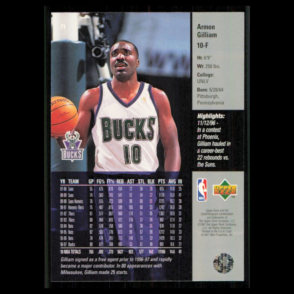 Armon Gilliam #71 1997 Upper Deck Milwaukee Bucks Basketball Card NBA NM