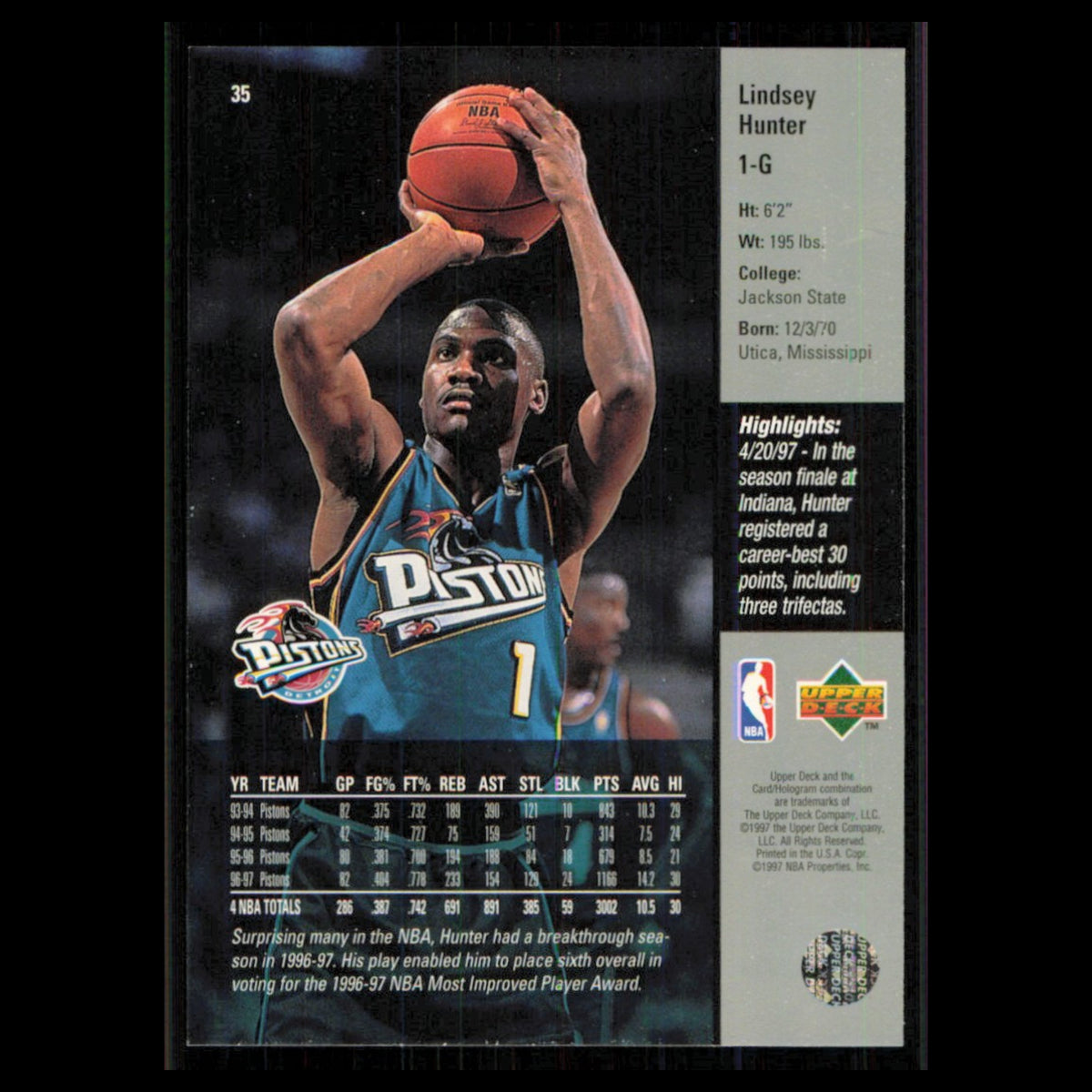 Lindsey Hunter #35 1997 Upper Deck Detroit Pistons Basketball Card NBA NM