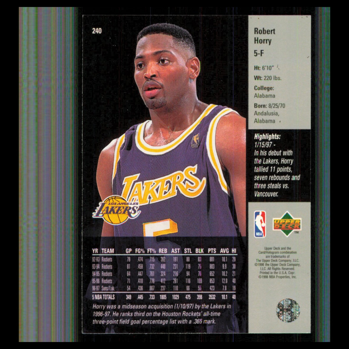 Robert Horry #240 1997 Upper Deck Los Angeles Lakers Basketball Card NBA NM