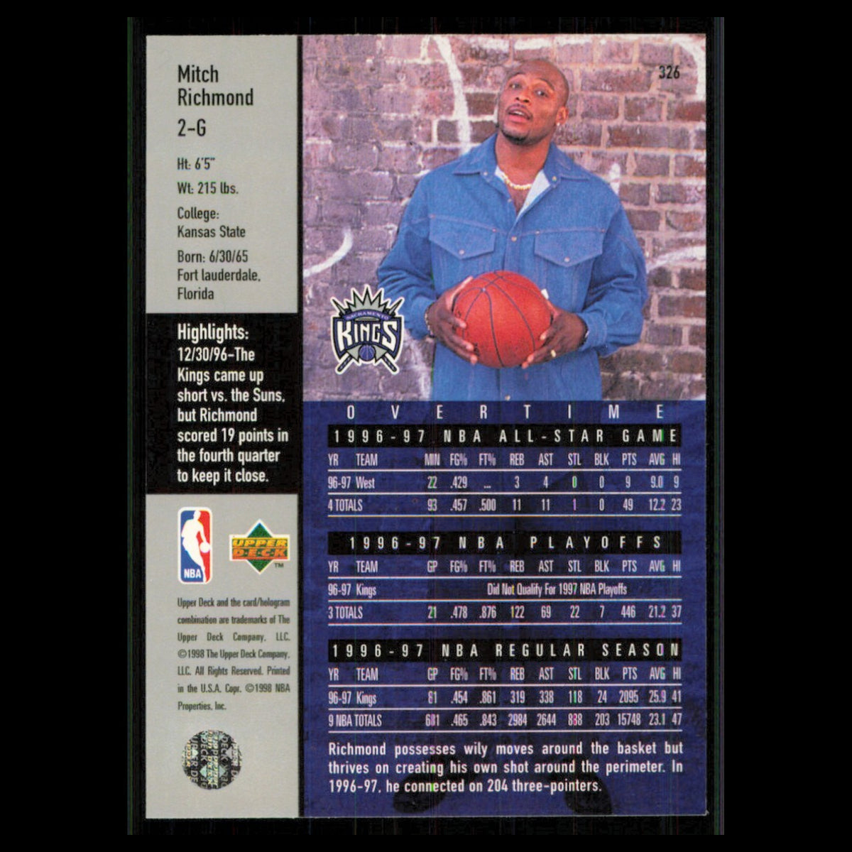 Mitch Richmond #326 1997 Upper Deck Sacramento Kings Basketball Card NBA NM