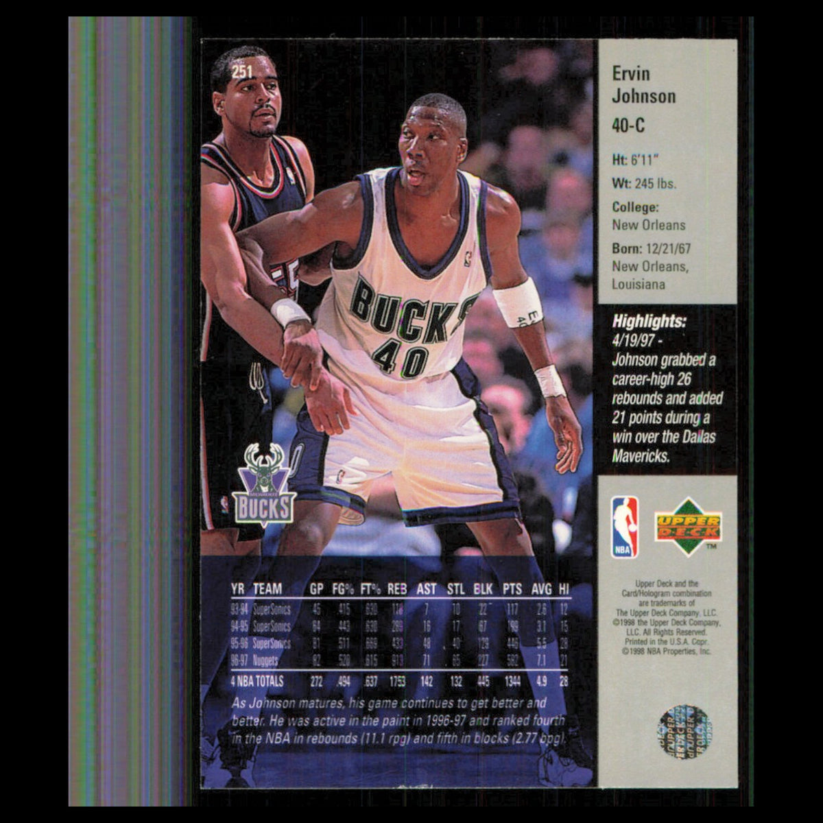 Ervin Johnson #251 1997 Upper Deck Milwaukee Bucks Basketball Card NBA NM