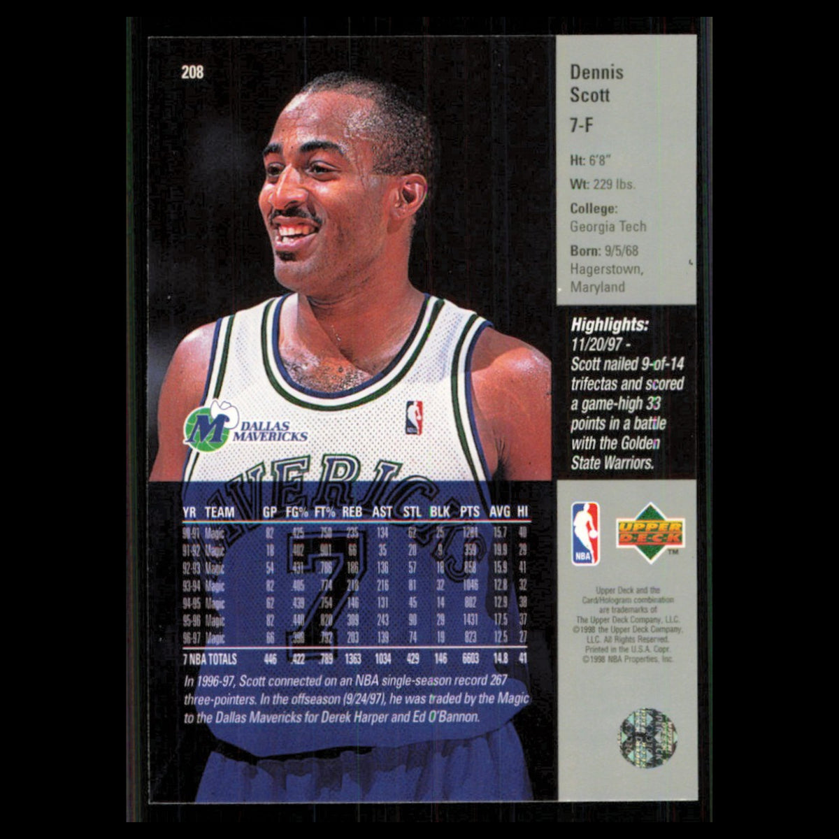 Dennis Scott #208 1997 Upper Deck Dallas Mavericks Basketball Card NBA NM