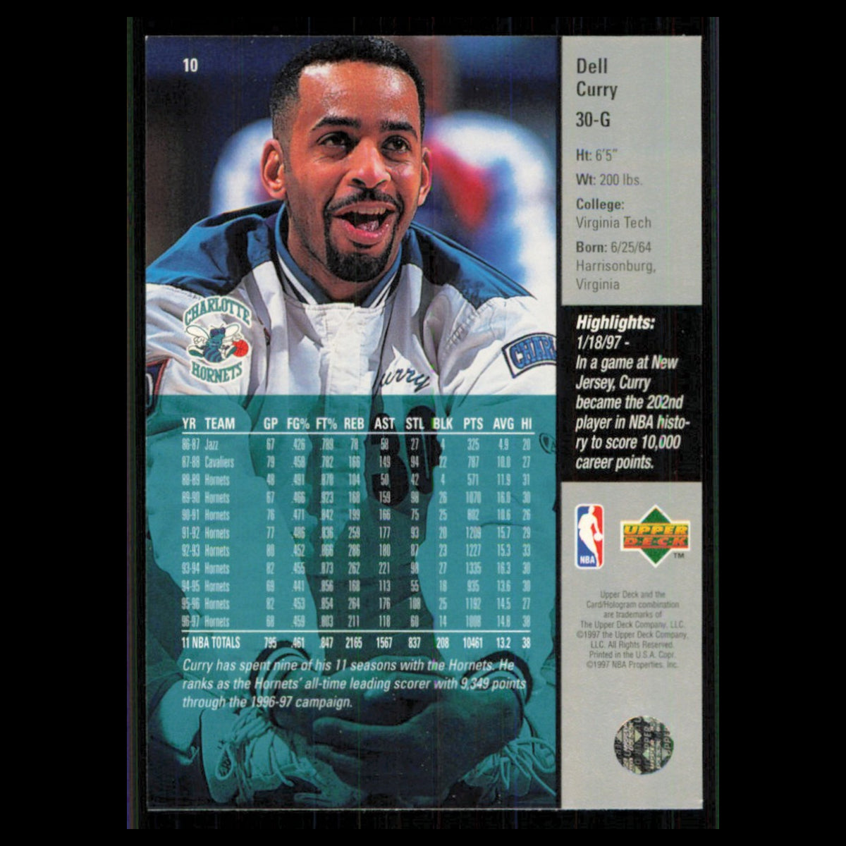 Dell Curry #10 1997 Upper Deck Charlotte Hornets Basketball Card NBA NM