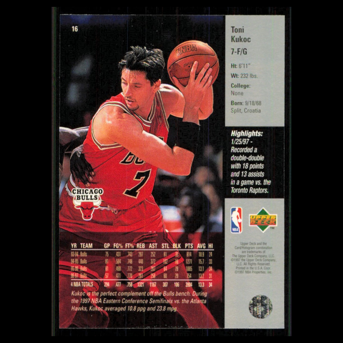 Toni Kukoc #16 1997 Upper Deck Chicago Bulls Basketball Card NBA NM