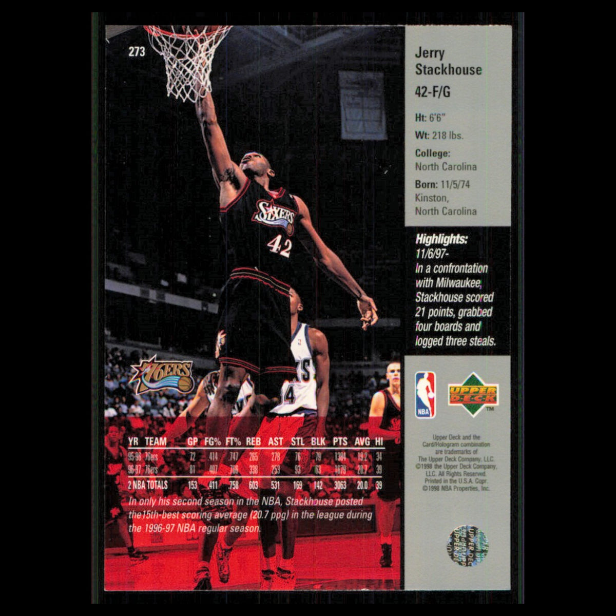 Jerry Stackhouse #273 1997 Upper Deck Philadelphia 76ers Basketball Card NBA NM