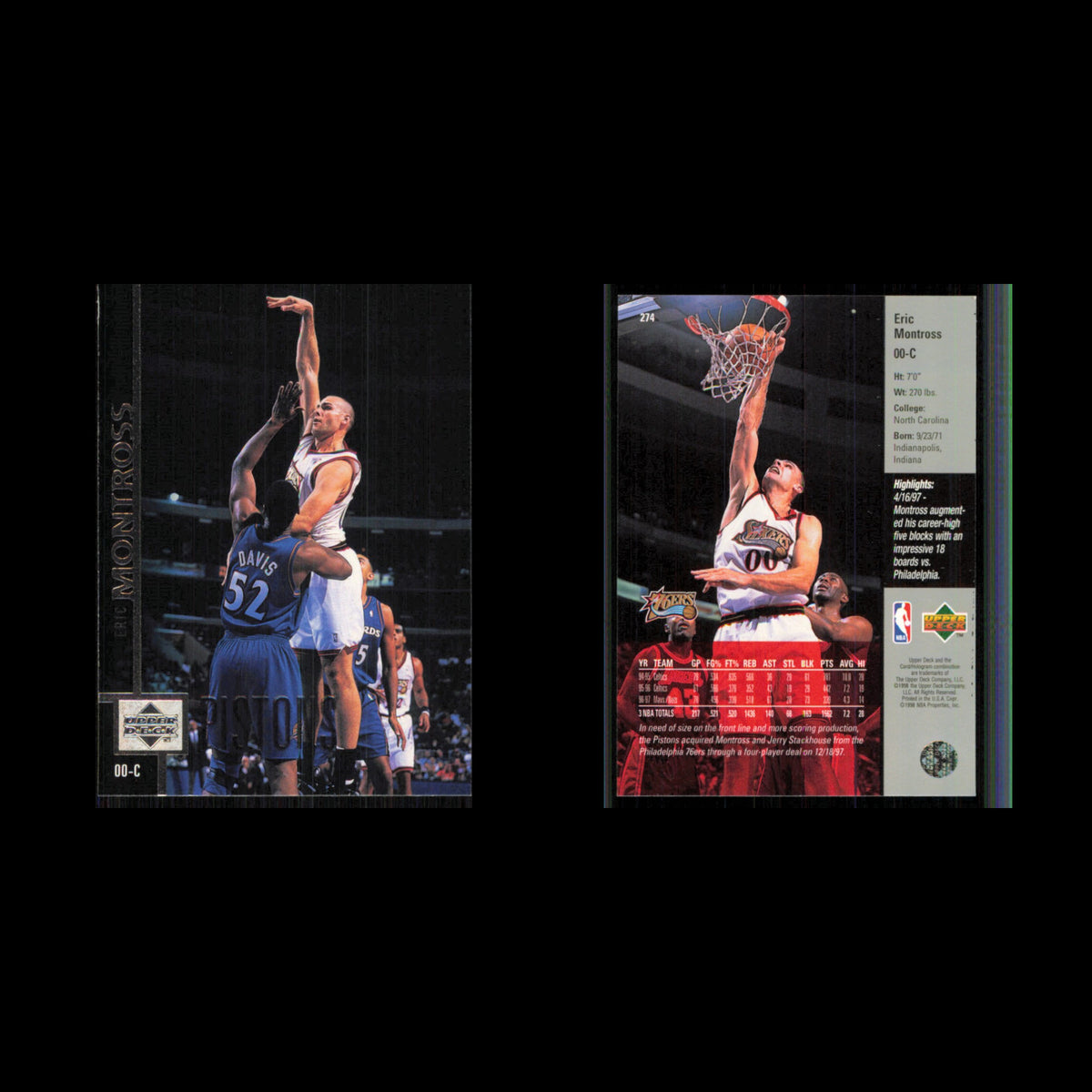 Eric Montross #274 1997 Upper Deck Philadelphia 76ers Basketball Card NBA NM