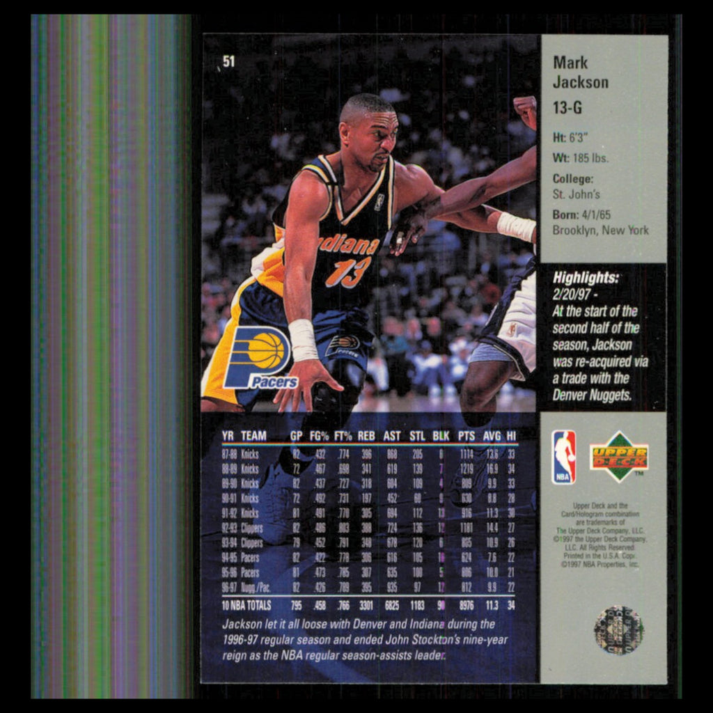 Mark Jackson #51 1997 Upper Deck Indiana Pacers Basketball Card NBA NM