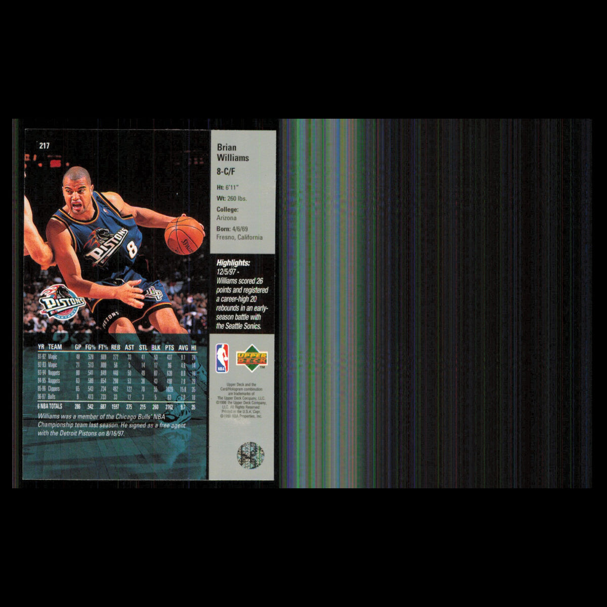 Brian Williams #217 1997 Upper Deck Detroit Pistons Basketball Card NBA NM