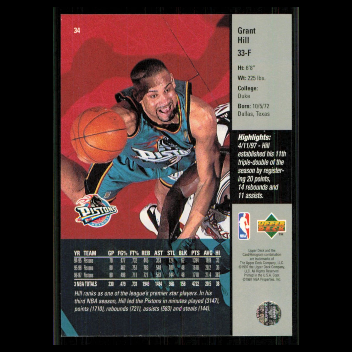 Grant Hill #34 1997 Upper Deck Game Dated Memorable Moments Detroit Pistons Card