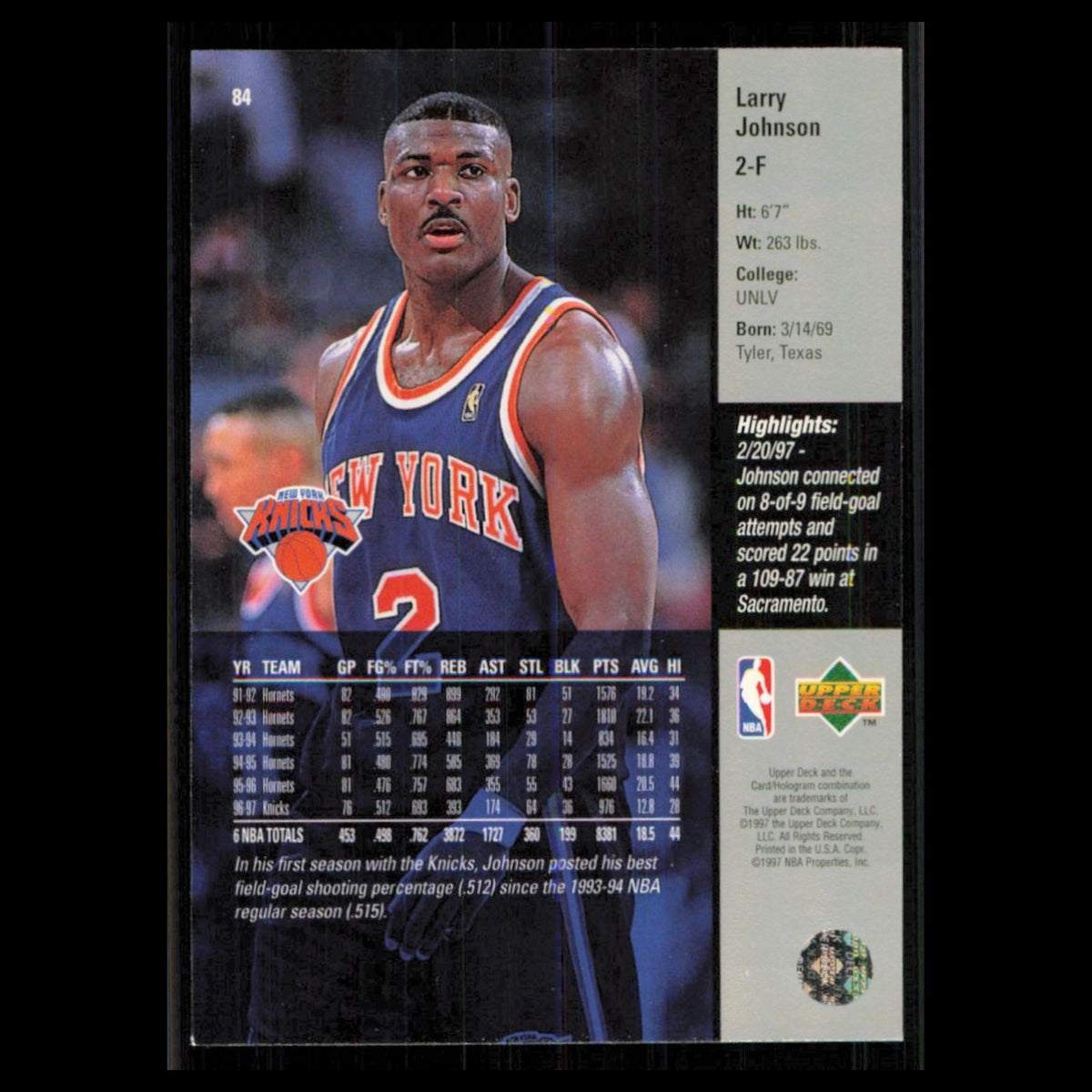 Larry Johnson #84 1997 Upper Deck New York Knicks Basketball Card NBA NM