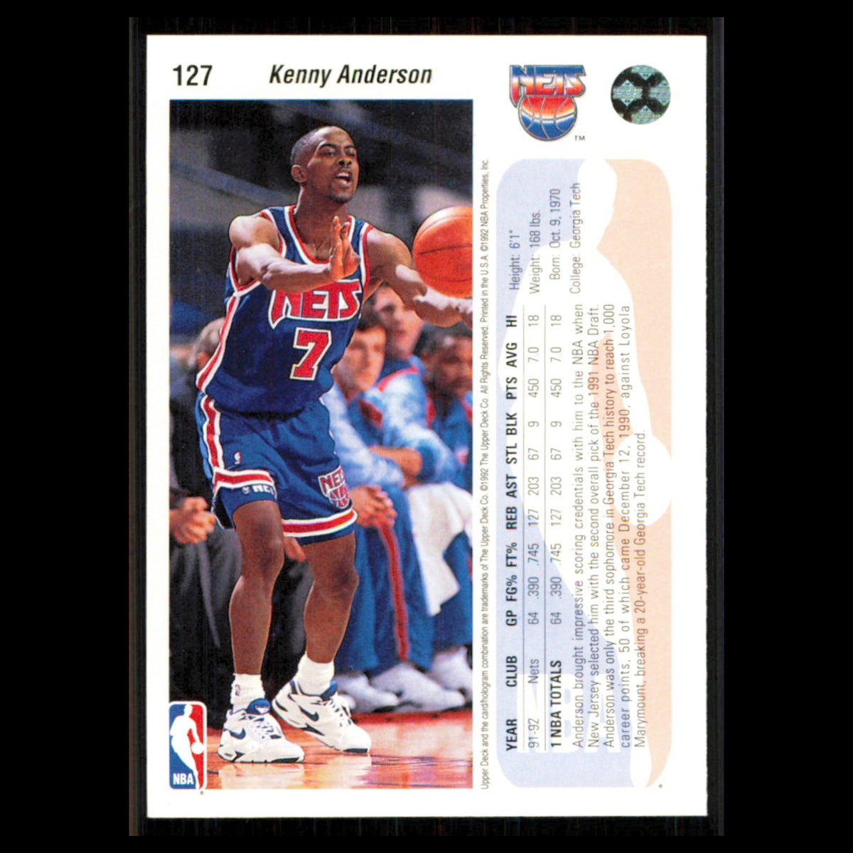 Kenny Anderson #127 1992 Upper Deck New Jersey Nets Basketball Card NBA NM