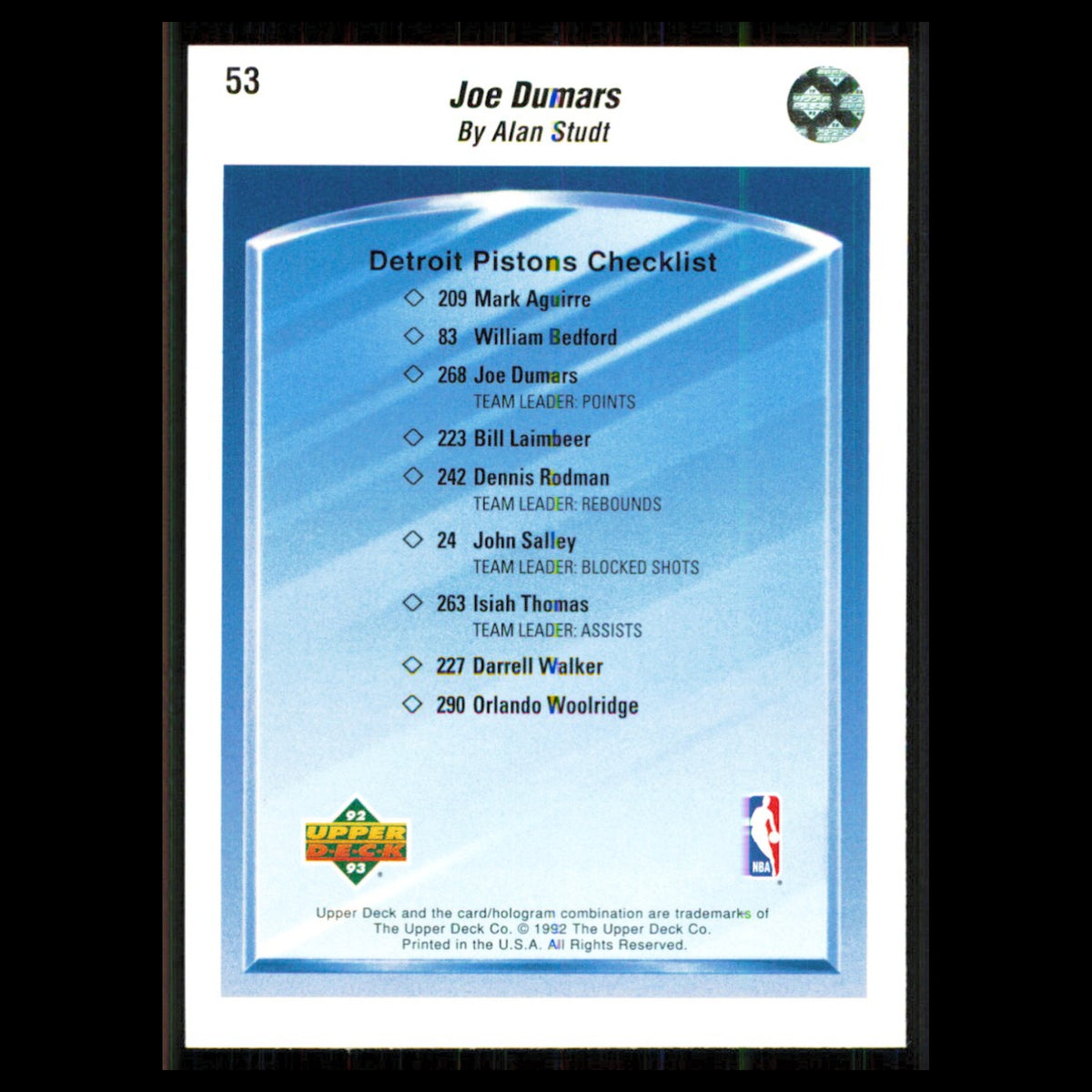 Joe Dumars #53 1992 Upper Deck Detroit Pistons Basketball Card NBA NM