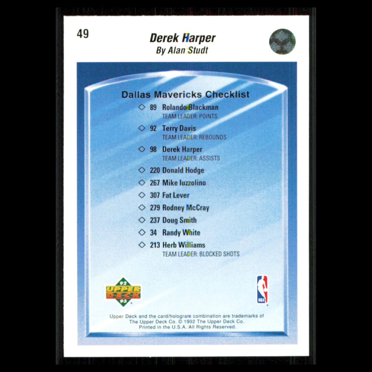 Derek Harper #49 1992 Upper Deck Dallas Mavericks Basketball Card NBA NM
