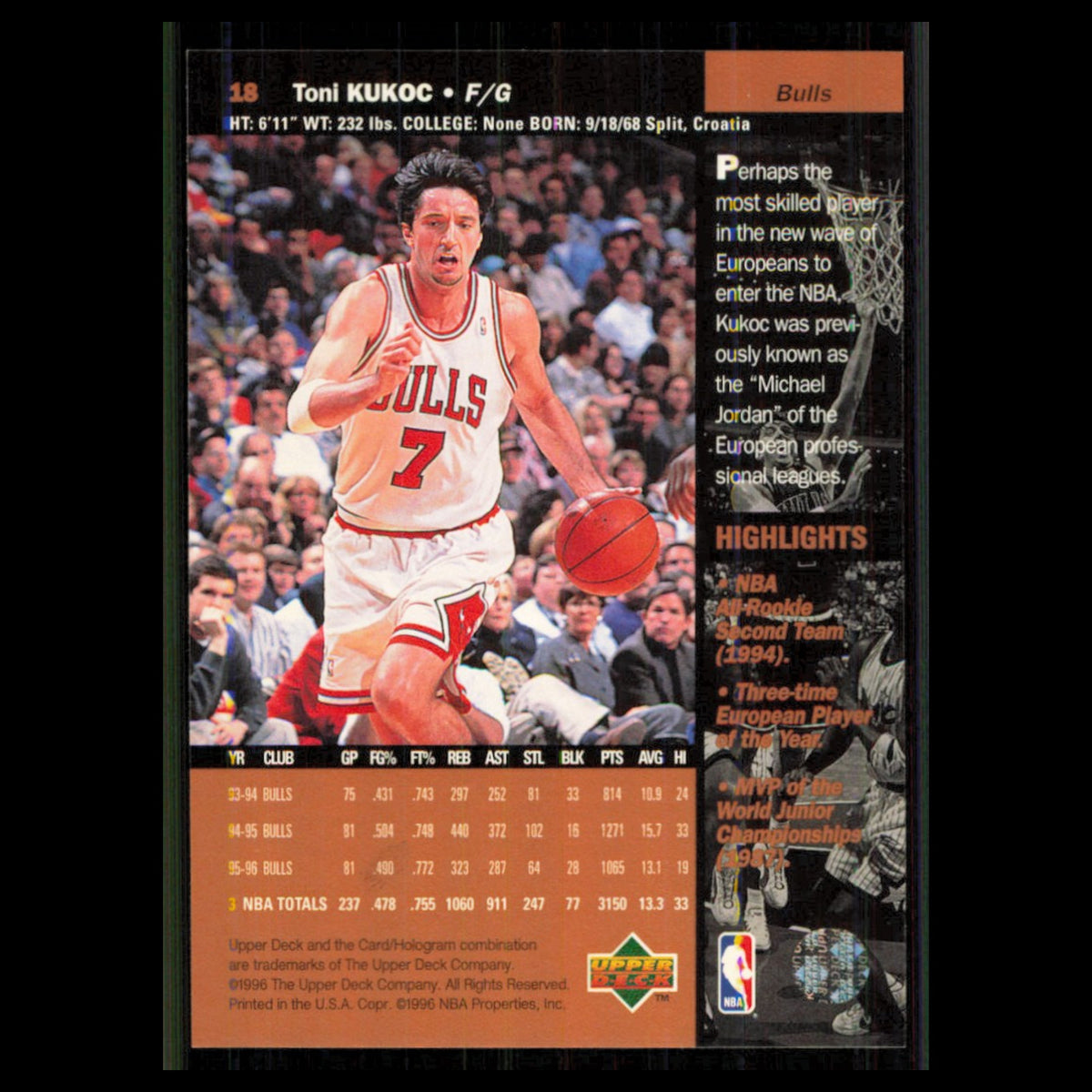 Toni Kukoc #18 1996 Upper Deck Chicago Bulls Basketball Card NBA NM