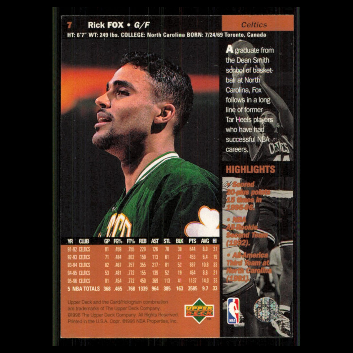 Rick Fox #7 1996 Upper Deck Boston Celtics Basketball Card NBA NM
