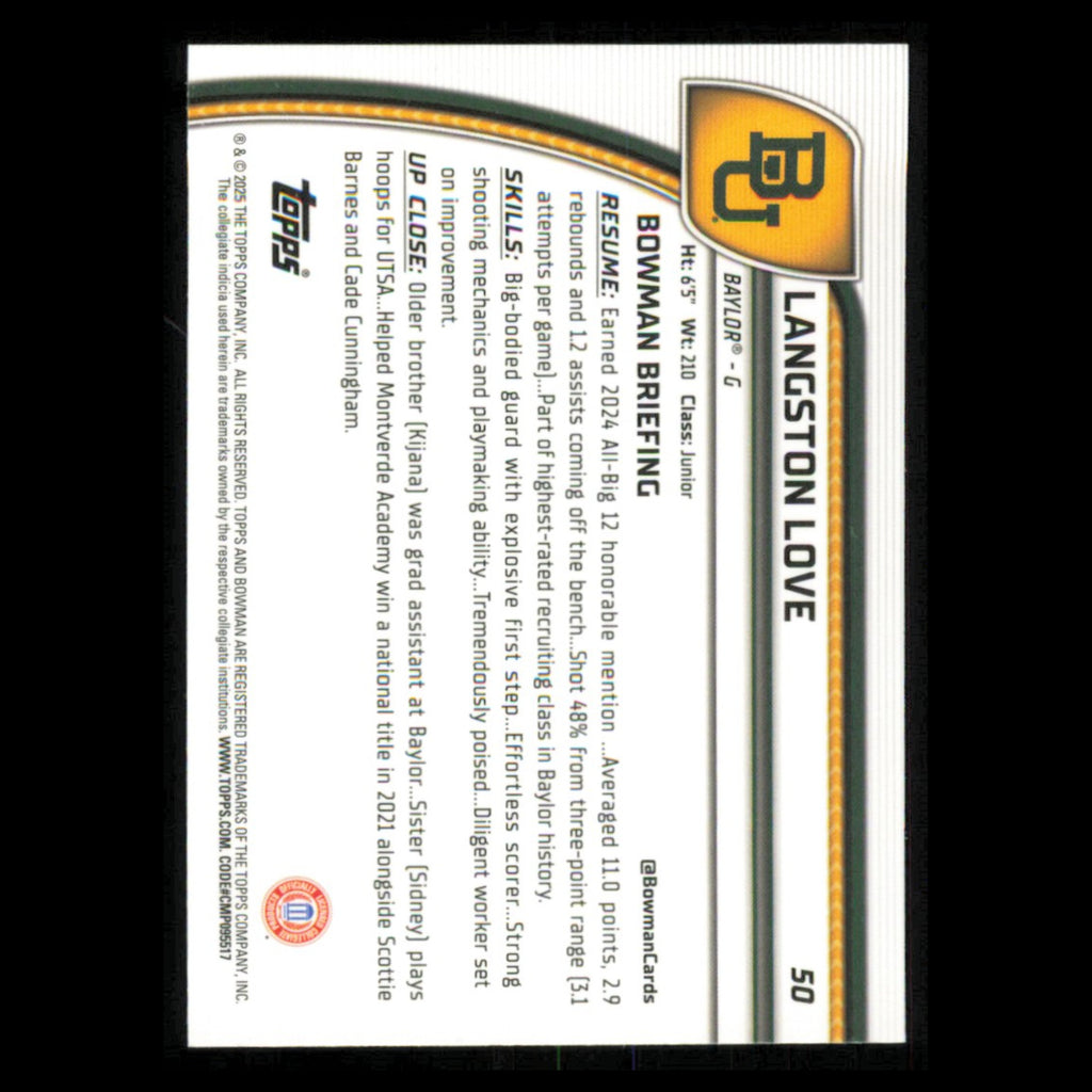 Langston Love #50 2024 Bowman University Chrome Baylor Bears Basketball Card NBA