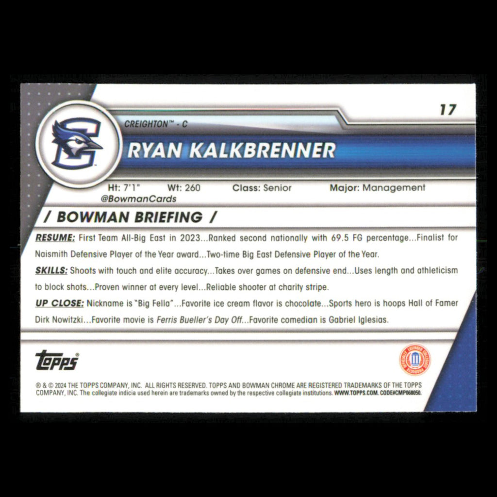 Ryan Kalkbrenner #17 2023 Bowman University Chrome Creighton Bluejays Basketball