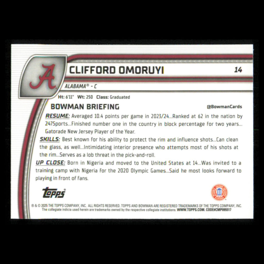 Clifford Omoruyi #14 2024 Bowman University Chrome Alabama Crimson Tide Card NBA