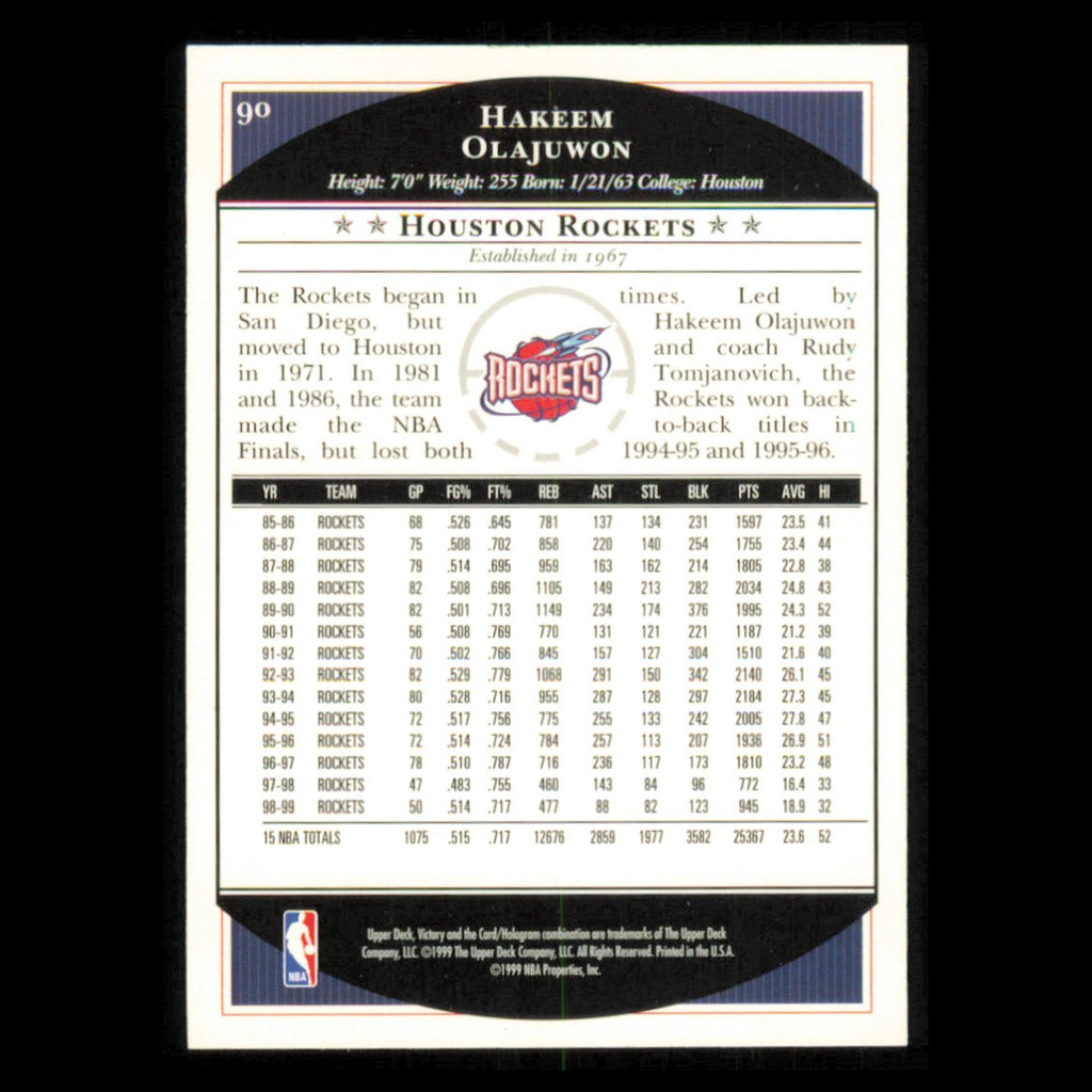 Hakeem Olajuwon #90 1999 Upper Deck Victory Houston Rockets Basketball Card NBA