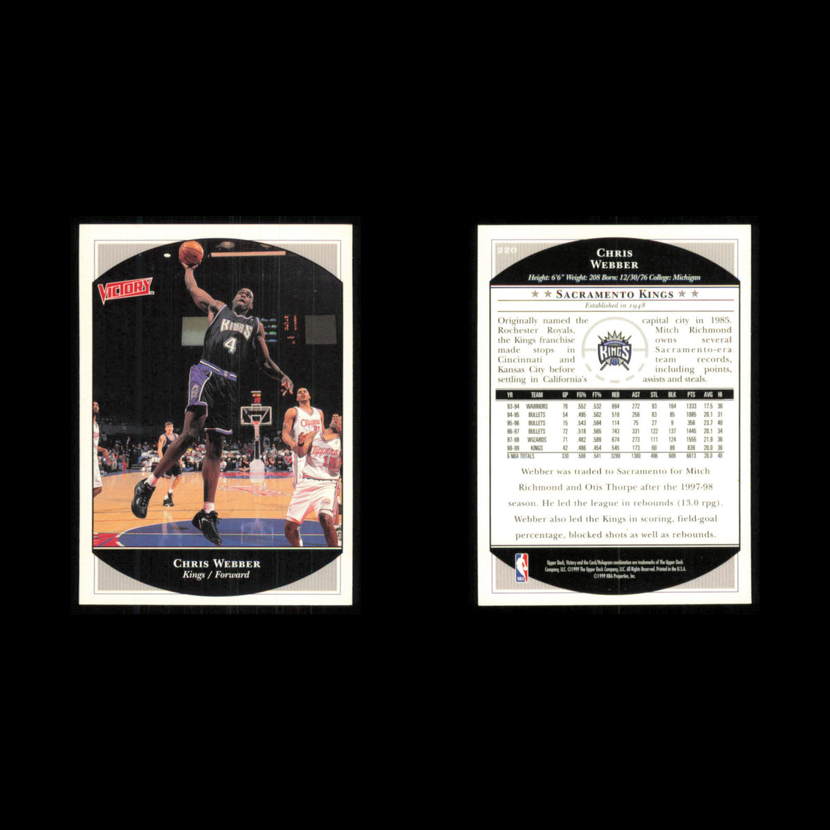 Chris Webber #220 1999 Upper Deck Victory Sacramento Kings Basketball Card NBA