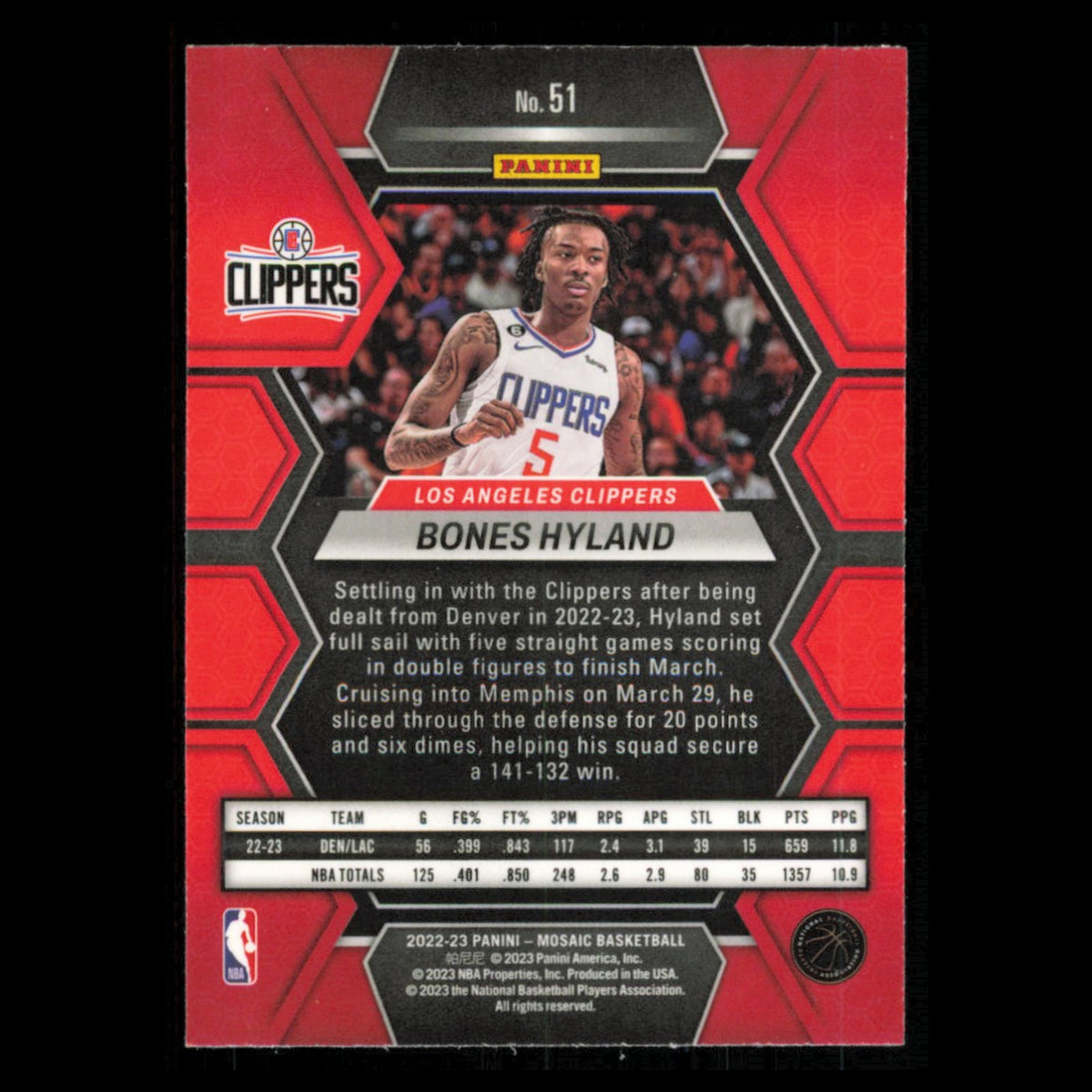 Bones Hyland #51 2022 Panini Mosaic Los Angeles Clippers Basketball Card NBA NM