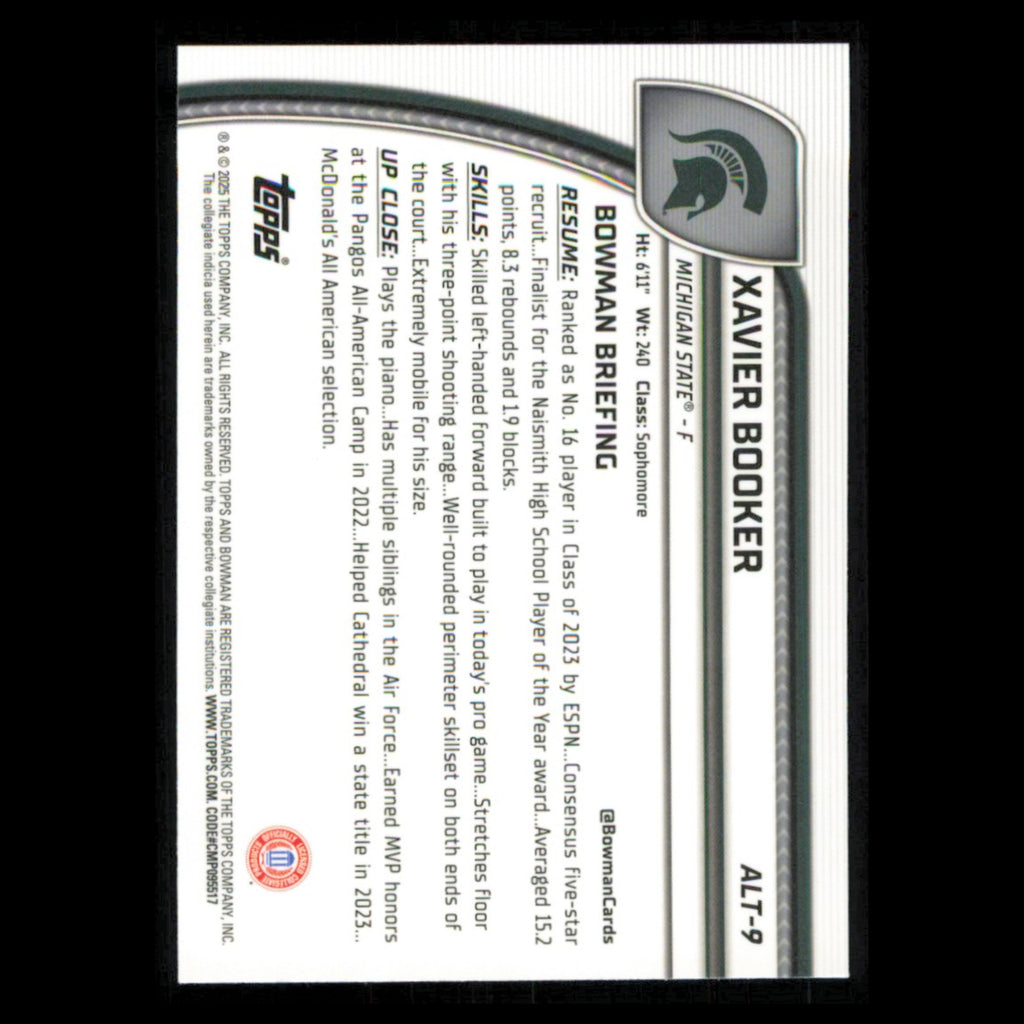 Xavier Booker #ALT-9 2024 Bowman University Chrome Michigan State Spartans Card