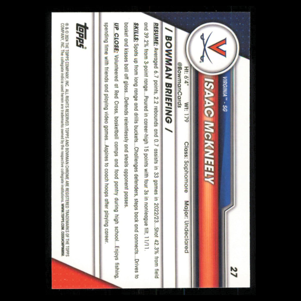 Isaac McKneely #27 2023 Bowman University Chrome Virginia Cavaliers Basketball