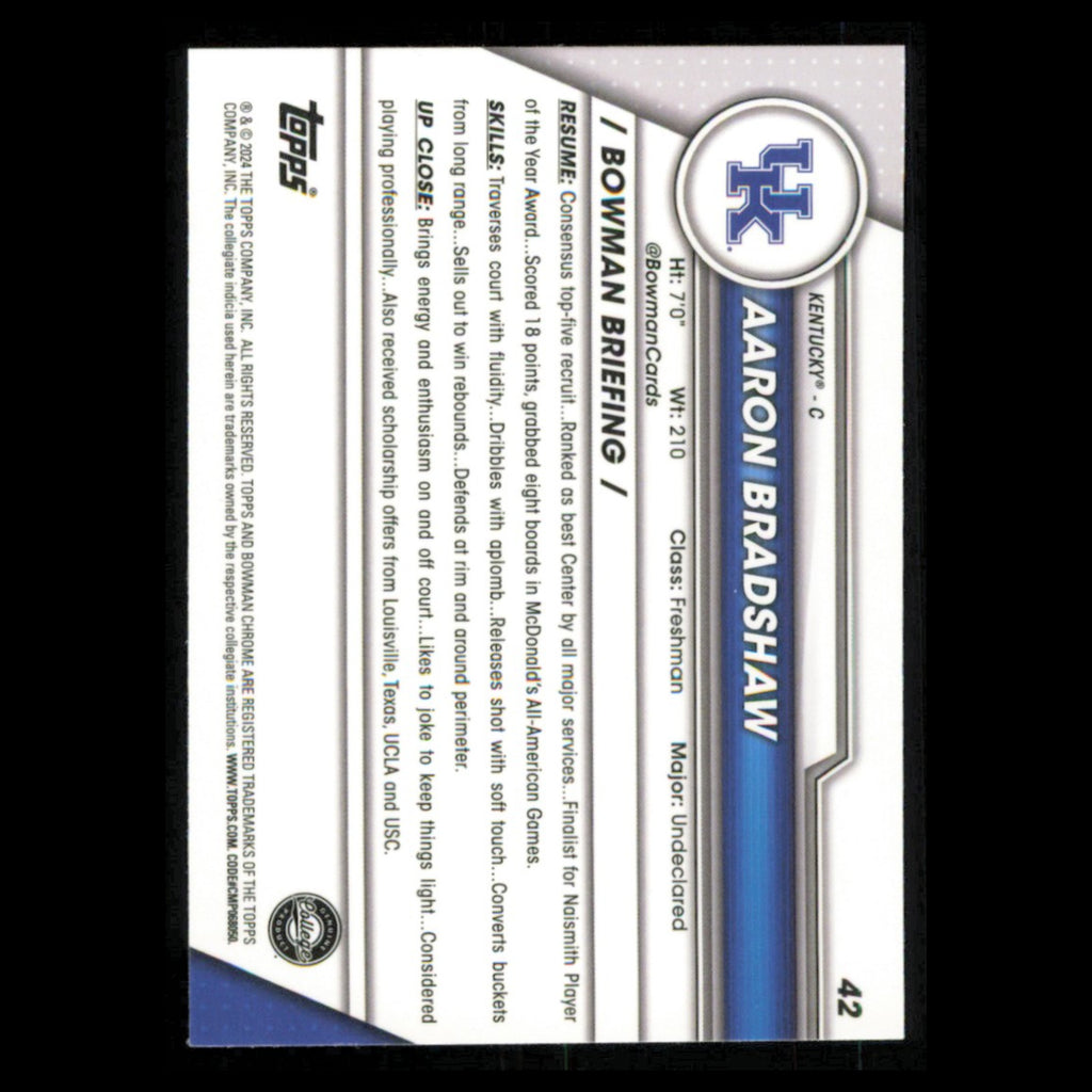 Aaron Bradshaw #42 2023 Bowman University Chrome Kentucky Wildcats Basketball NM