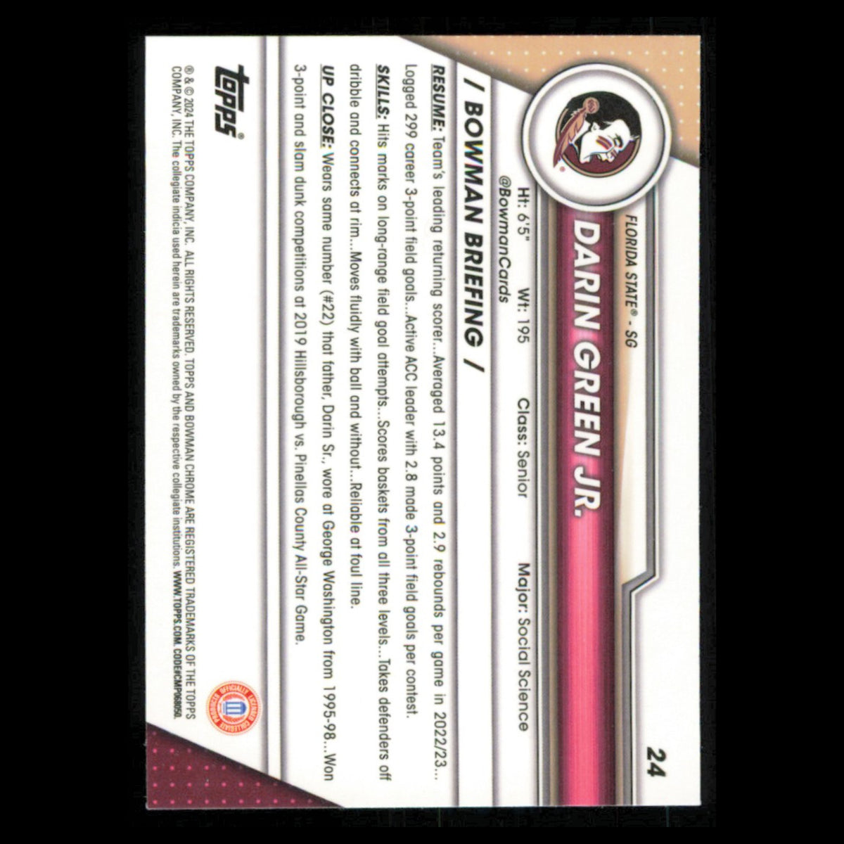 Darin Green Jr. #24 2023 Bowman University Chrome Florida State Seminoles Card