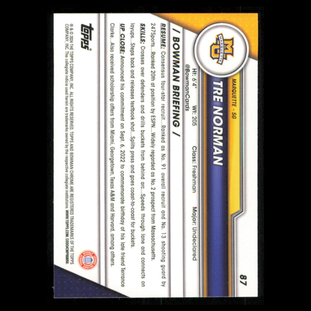 Tre Norman #87 2023 Bowman University Chrome Marquette Golden Eagles Basketball