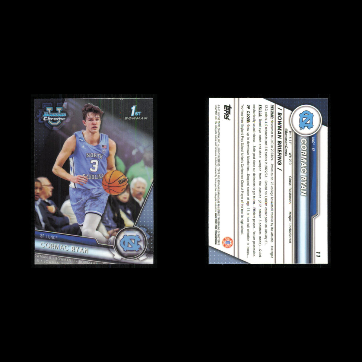 Cormac Ryan #11 2023 Bowman University Chrome North Carolina Tar Heels Card NBA
