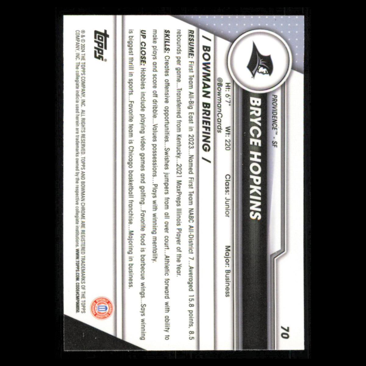 Bryce Hopkins #70 2023 Bowman University Chrome Providence Friars Basketball NBA