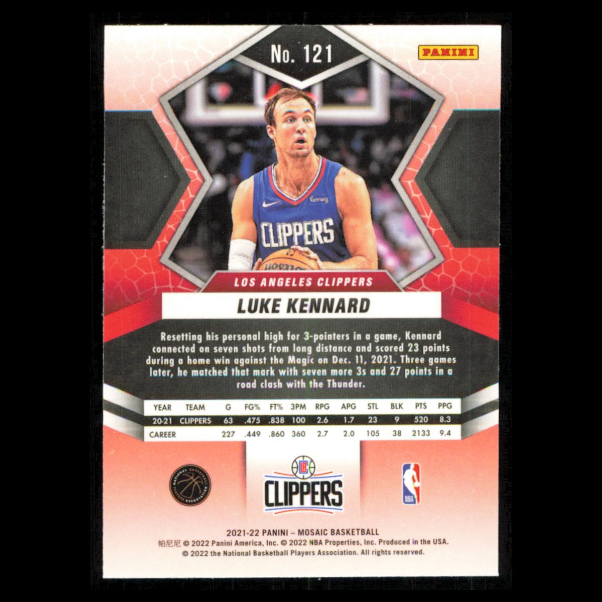 Luke Kennard #121 2021 Panini Mosaic Los Angeles Clippers Basketball Card NBA NM