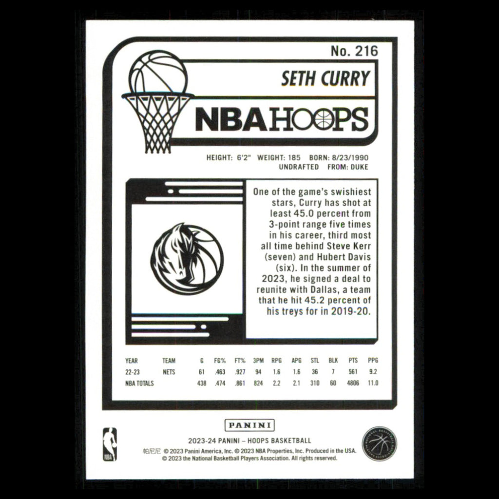 Seth Curry #216 2023 Hoops Dallas Mavericks Basketball Card NBA NM