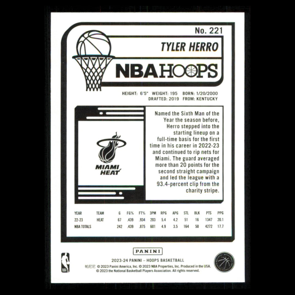 Tyler Herro #221 2023 Hoops Miami Heat Basketball Card NBA NM