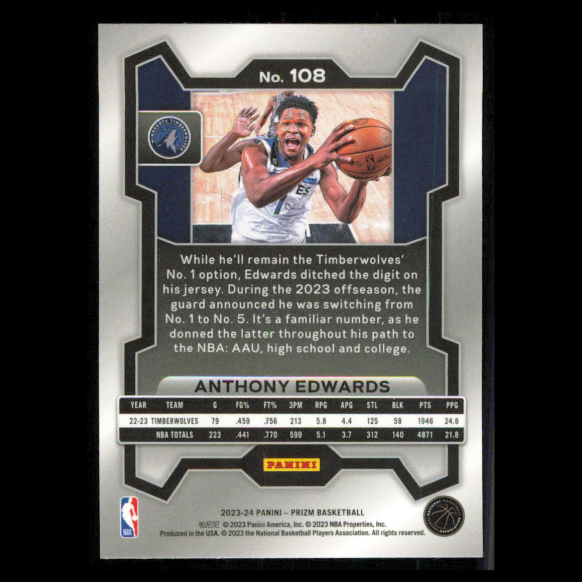 Anthony Edwards #108 2023 Panini Prizm Minnesota Timberwolves Basketball Card NM