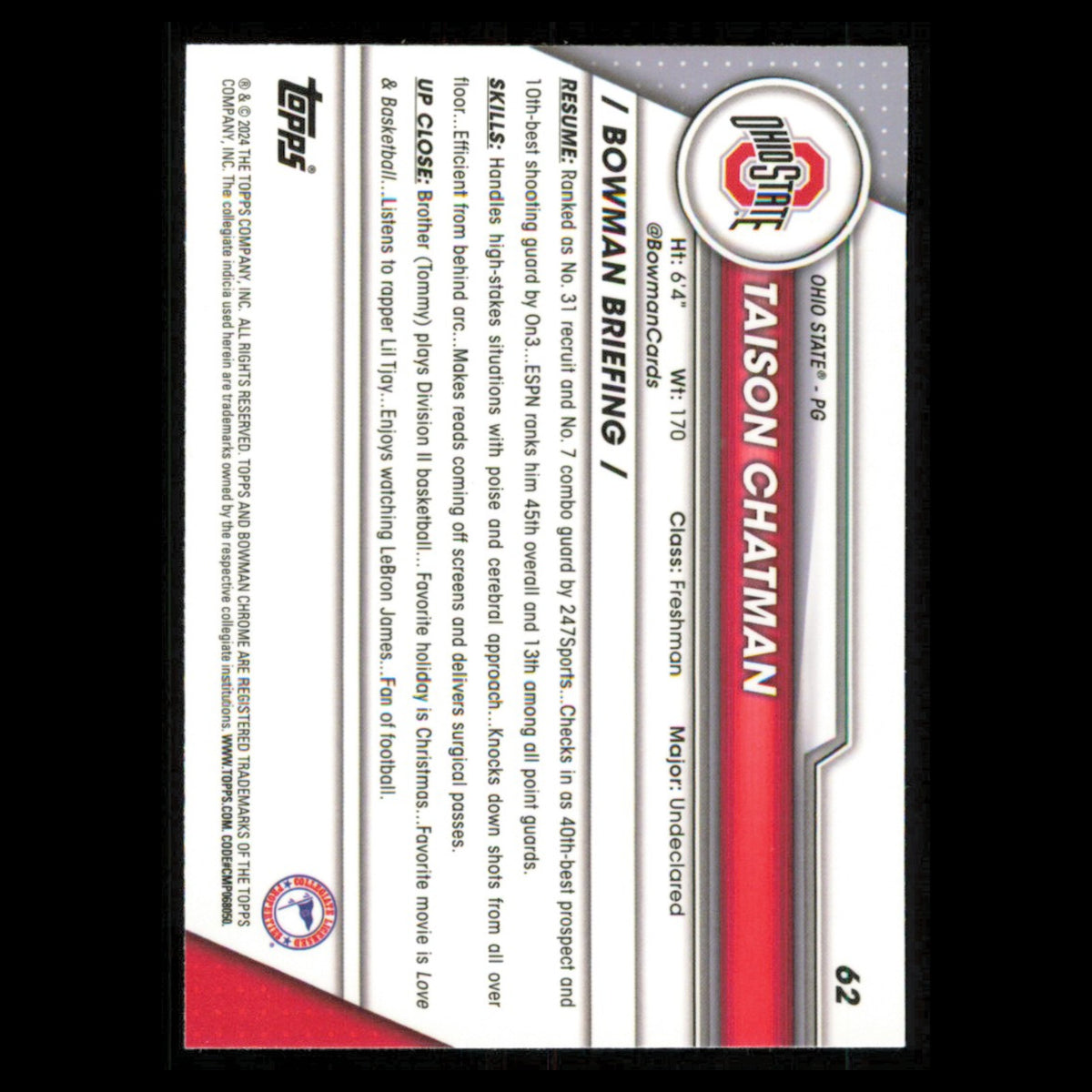 Taison Chatman #62 2023 Bowman University Chrome Ohio State Buckeyes Basketball