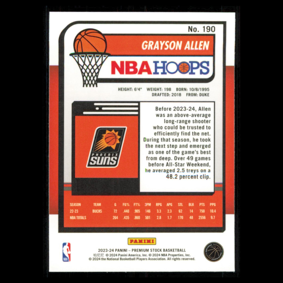 Grayson Allen #190 2023 Hoops Premium Stock Phoenix Suns Basketball Card NBA NM