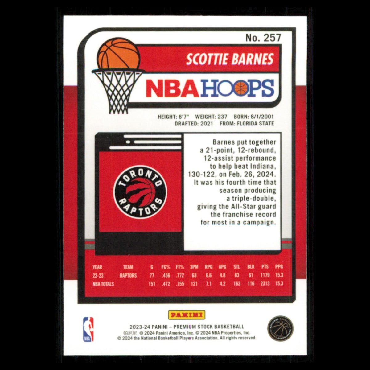 Scottie Barnes #257 2023 Hoops Premium Stock Toronto Raptors Basketball Card NBA
